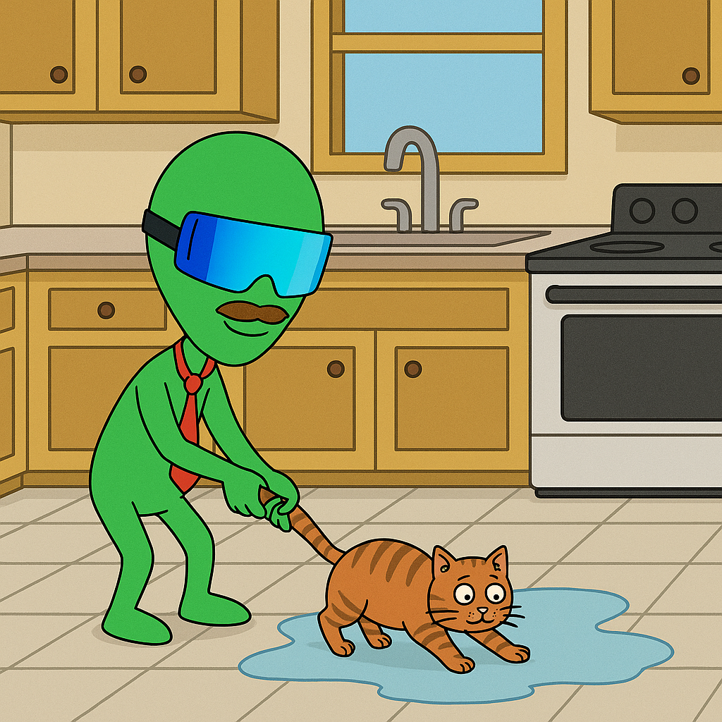 Zurb in blue goggles, a tie and a mustache mopping a kitchen puddle by dragging a startled orange cat through it by the tail