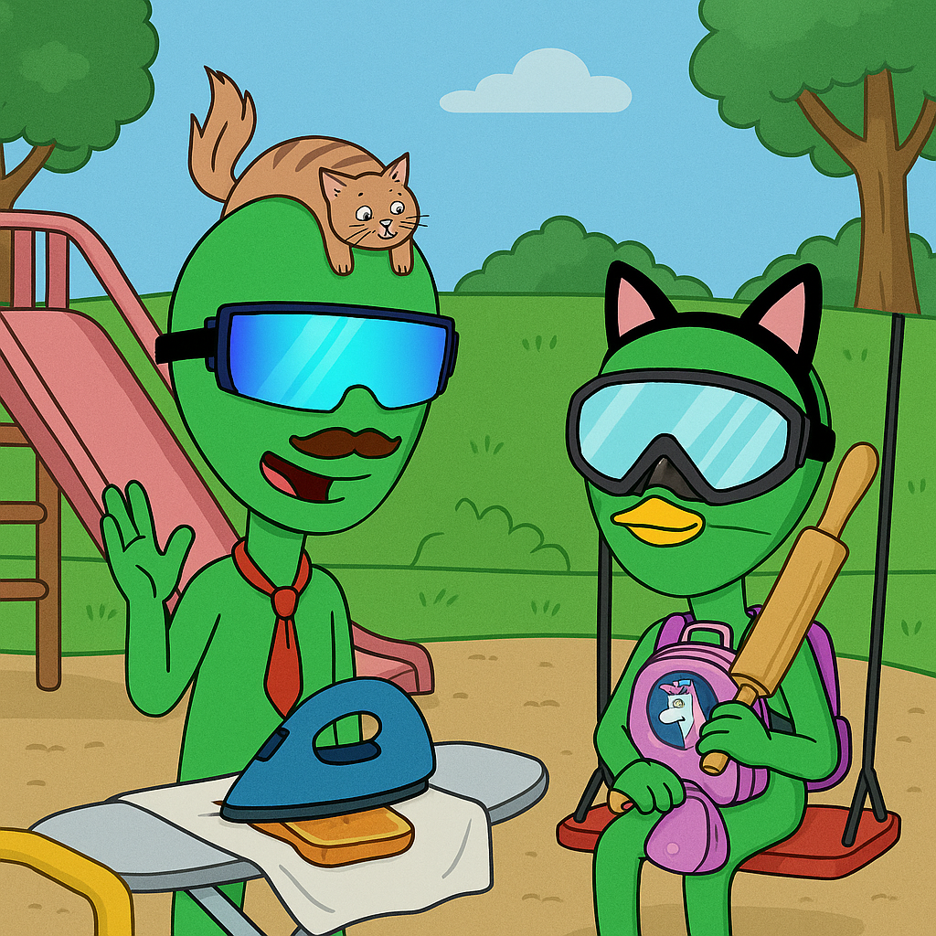 Zurb with a cat on its head, goggles and a mustache waving while ironing toast at the playground