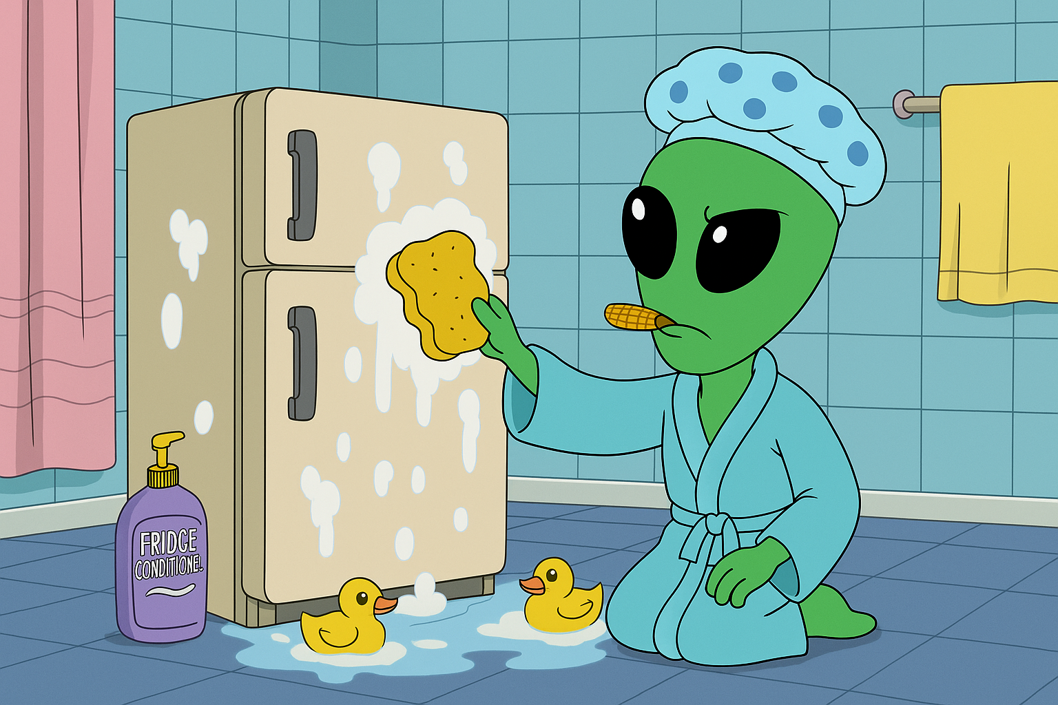 Zurb in a shower cap and bathrobe with a corn cob in its mouth, scrubbing a soapy fridge in the bathroom next to a bottle of fridge conditioner and rubber ducks