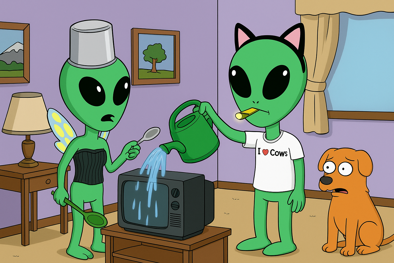 Two Zurbs in a living room, one wearing a metal bucket as a hat and fairy wings holding spoons, the other in cat ears and an I love cows shirt watering an old TV while a dog looks worried