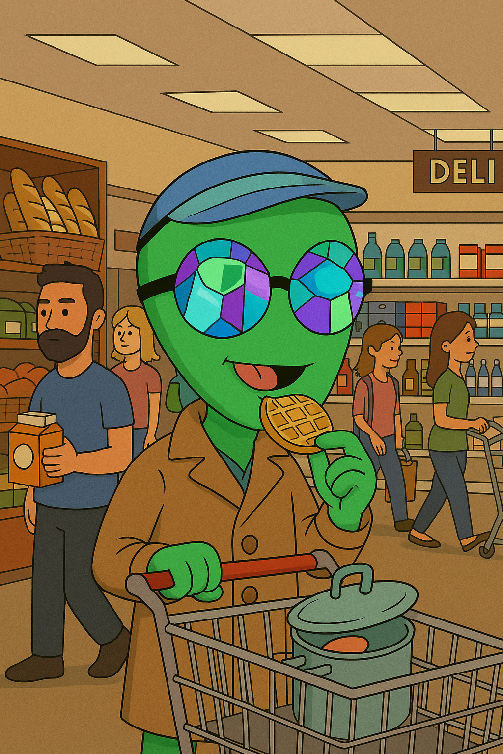 Zurb in a cap, kaleidoscope glasses and a trench coat eating a waffle while pushing a cart holding a single pot through a busy grocery store