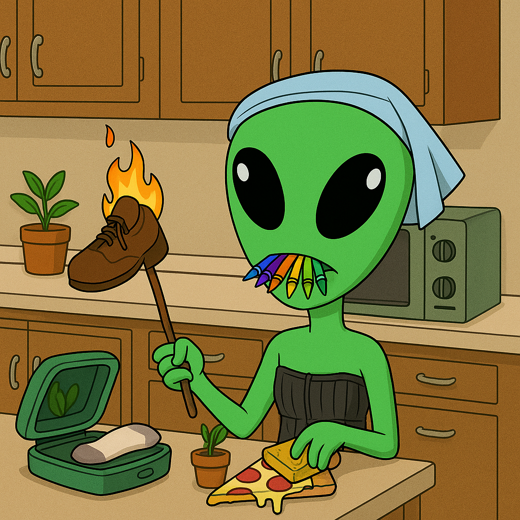 Zurb with a towel on its head and crayons in its mouth holding a flaming shoe on a stick in the kitchen, next to pizza topped with toast and a lunchbox with a sock in it