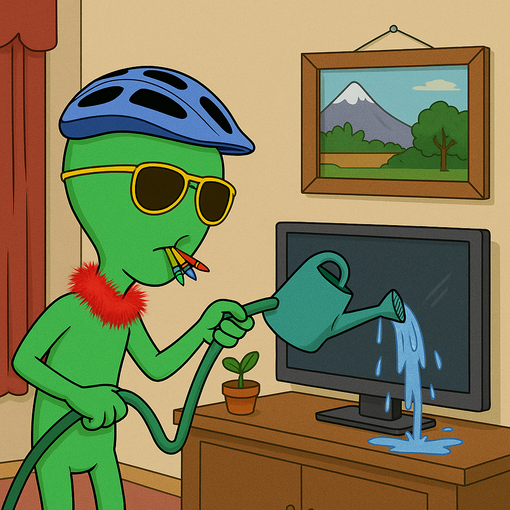 Zurb in a bike helmet, yellow sunglasses and a red feather boa watering a flat screen TV with a hose-fed watering can while the potted plant beside it stays dry